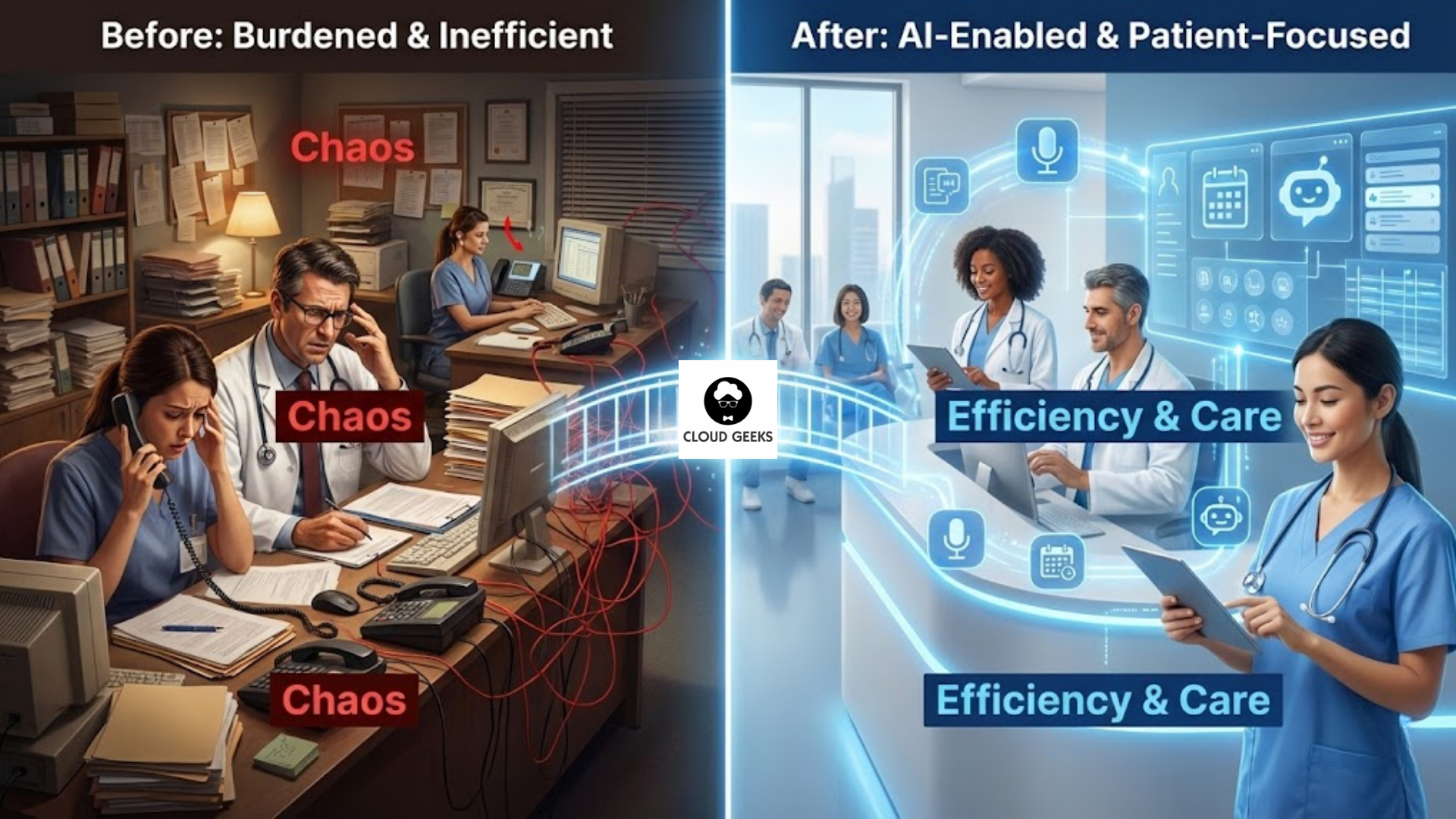 Four-phase timeline showing healthcare practice progression from chaotic manual processes through foundational AI setup, administrative automation, clinical AI pilots, to advanced predictive analytics and population health management