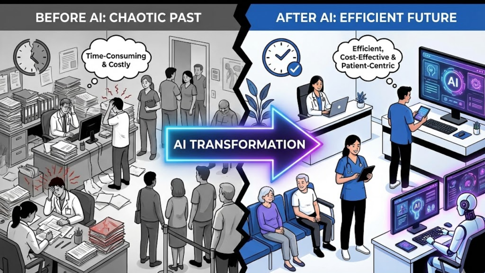 Transformation timeline showing medical practice evolution from manual paper-based processes through digital EHR adoption, to current AI-powered automation, and future vision of fully integrated predictive healthcare administration with improved patient outcomes and reduced costs