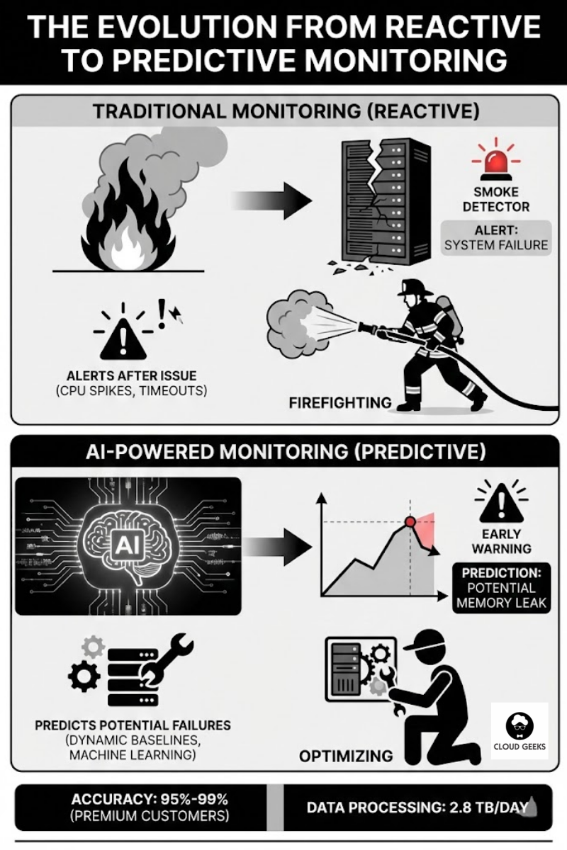 Timeline showing evolution from traditional reactive monitoring with static thresholds and manual responses, through machine learning-based anomaly detection, to modern predictive AI monitoring that identifies patterns, forecasts issues, and automates responses before problems impact users
