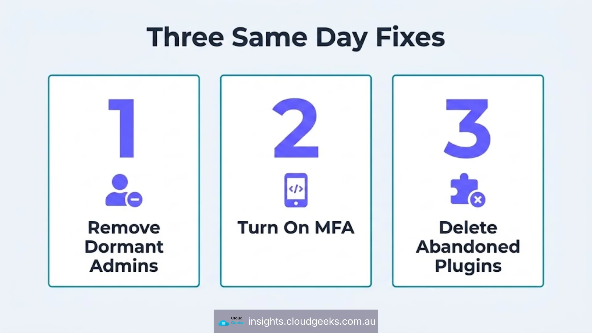 Three same-day fixes: remove dormant admins, turn on MFA, delete abandoned plugins