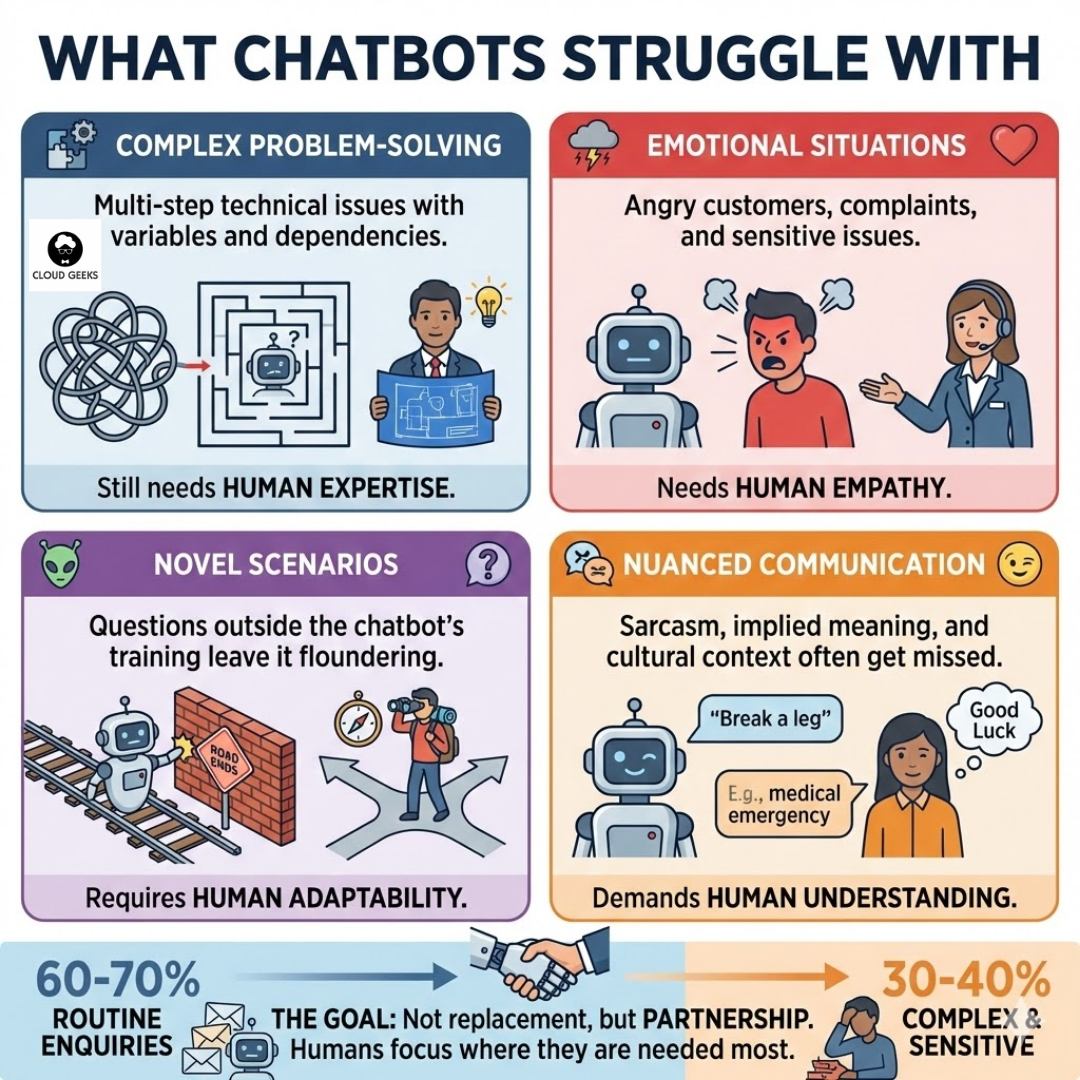 Four challenge areas for chatbots: confused robot facing complex technical diagrams, inability to provide empathy in emotional customer situations, struggling with questions outside training data, and missing nuanced communication like sarcasm or cultural context