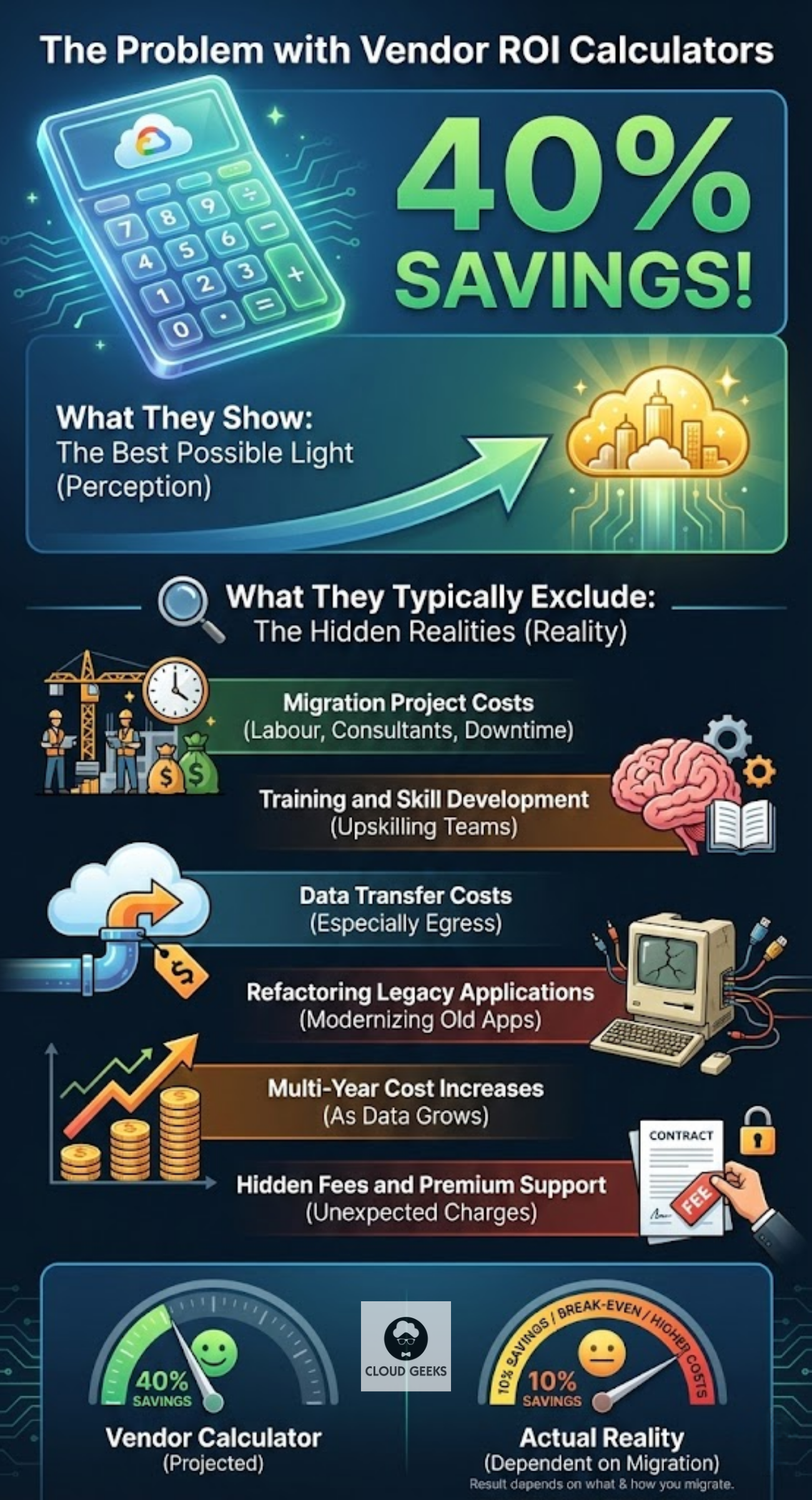 Comparison showing vendor ROI calculator optimistic projections versus reality - hidden costs like migration labor, training, data egress fees, refactoring work, and multi-year cost increases that vendors don't show in their calculators