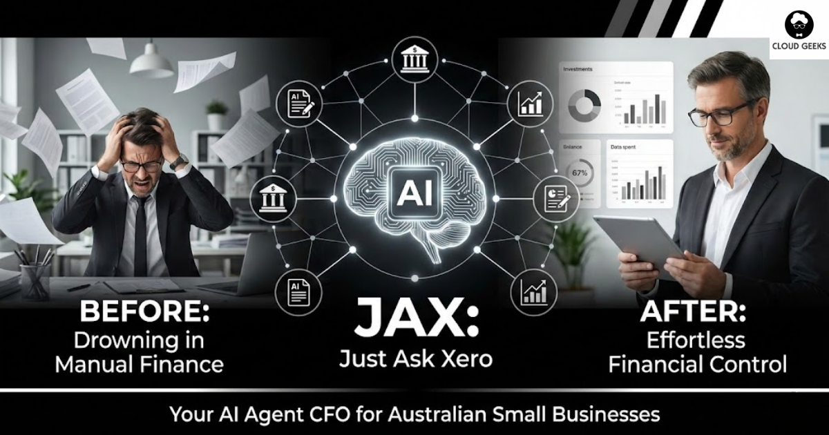 Illustration showing JAX AI assistant capabilities including invoice management, bank reconciliation, financial question answering, and automated reporting features helping Australian small businesses manage finances efficiently through Xero platform