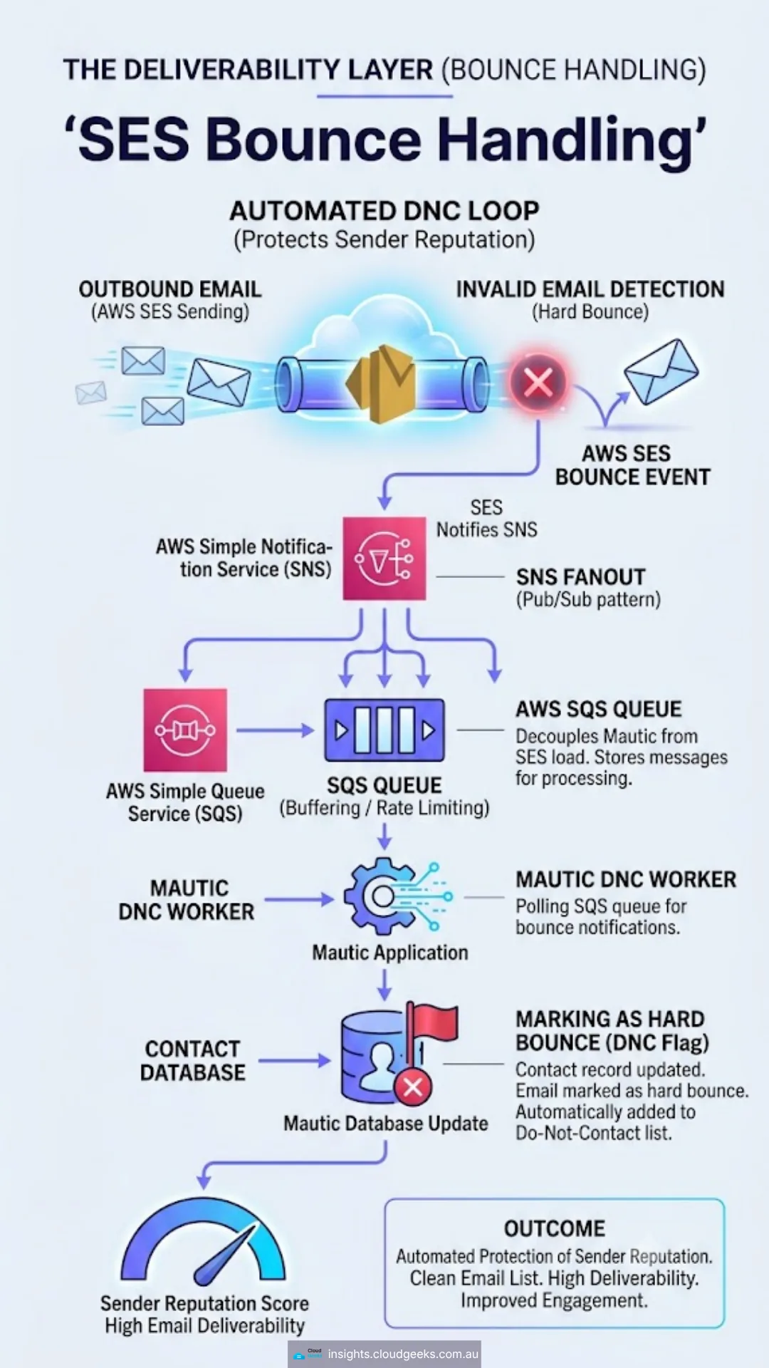 SES bounce handling flow — outbound email via AWS SES, hard bounce detected, SES notifies SNS, SNS fans out to SQS queue, Mautic DNC worker polls the queue, contact marked as hard bounce and added to Do-Not-Contact list, protecting sender reputation
