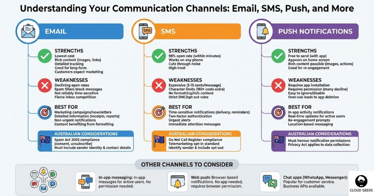 Comprehensive channel comparison - Email strengths lowest cost fractions of cent per message rich content formatting detailed tracking good for long-form 20-25 percent open rates weaknesses spam filters not time-sensitive inbox competition best for marketing newsletters detailed info non-urgent Spam Act 2003 compliance required, SMS strengths 98 percent open rate within minutes works any phone cuts through noise high trust 5-15 cents per message weaknesses expensive 160 character limits no formatting DNC opt-out requirements best for time-sensitive urgent 2FA appointments, Push notifications strengths free to send appears on home screen rich content re-engagement weaknesses requires app installed needs permission easy to ignore over-use leads deletion best for in-app activity real-time updates active users location-based, plus in-app messaging web push WhatsApp Messenger options