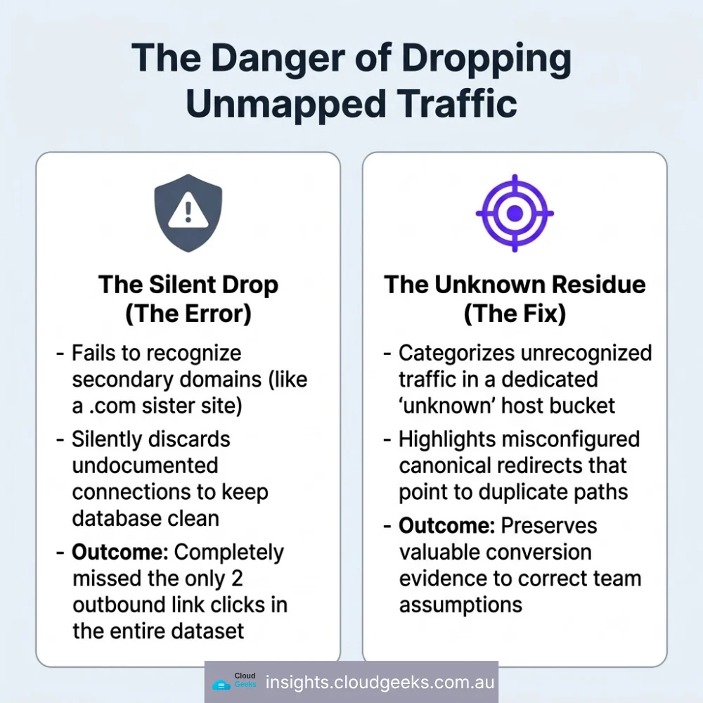 Silently dropping unmapped traffic loses evidence; an unknown host bucket preserves it