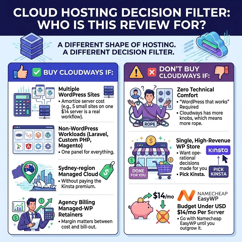 Cloud hosting decision filter for Australian small business: Buy Cloudways if you run multiple WordPress sites, mixed-stack workloads, want Sydney-region managed cloud without the Kinsta premium, or run an agency billing managed-WP retainers. Don't buy Cloudways if you have zero technical comfort, run a single high-revenue WP store, or are on a sub fourteen dollar per month budget — pick Namecheap EasyWP instead
