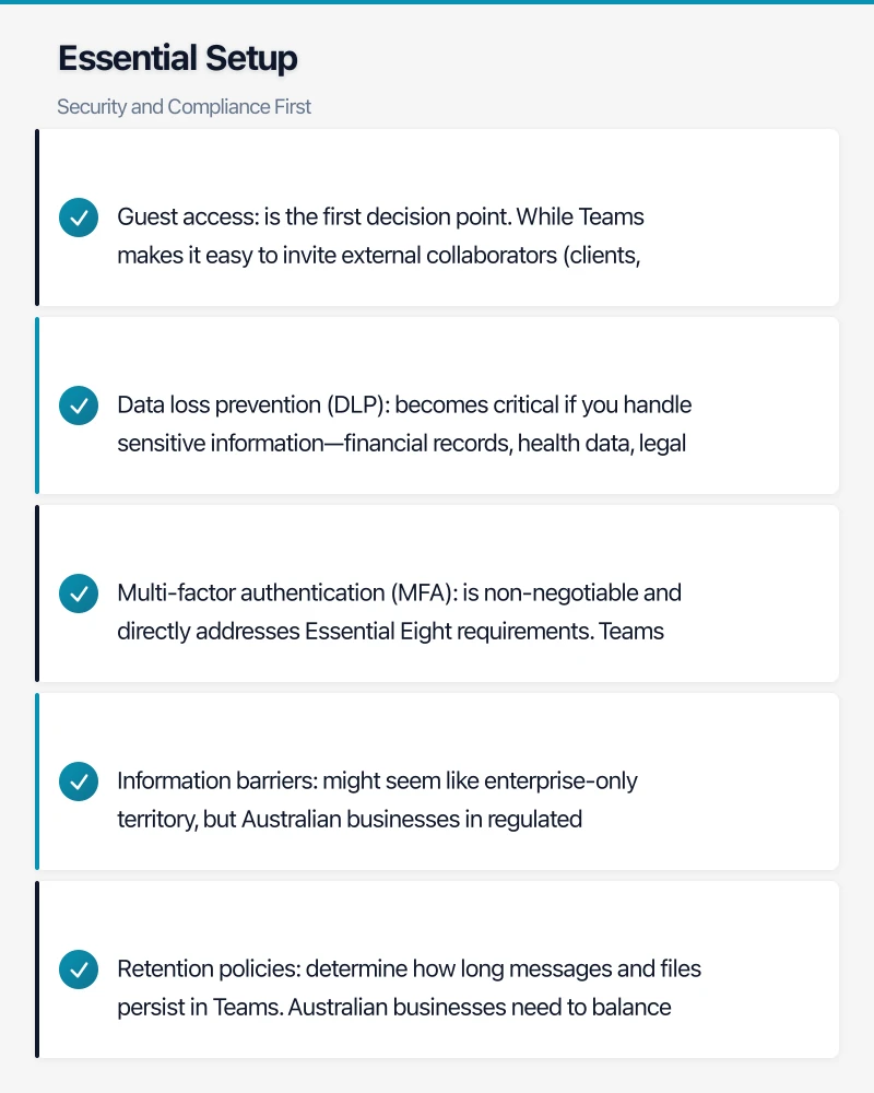 Essential Setup: Security and Compliance First Infographic
