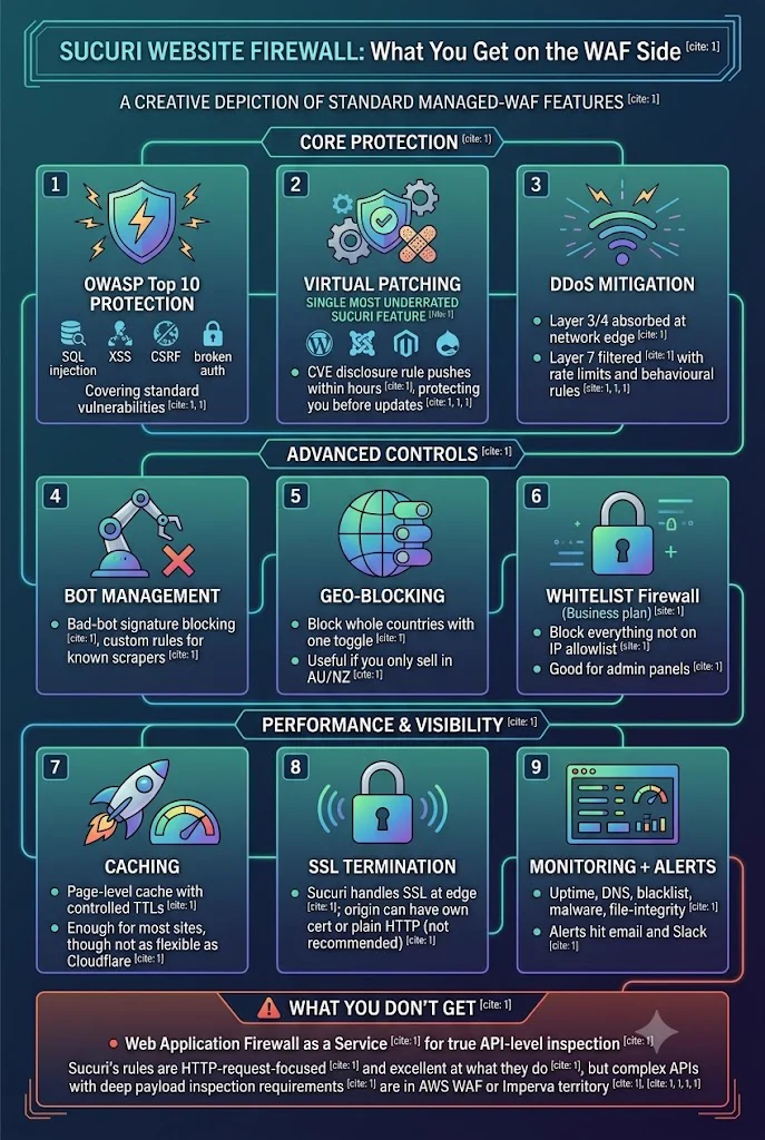 Sucuri Website Firewall — what you get on the WAF side: nine features grouped as Core Protection (OWASP Top 10, virtual patching for CVEs, DDoS mitigation L3/4 + L7), Advanced Controls (bot management, geo-blocking, whitelist firewall for admin panels), and Performance & Visibility (page-level caching, SSL termination at the edge, monitoring + alerts). Plus what you don't get — API-level inspection requires AWS WAF or Imperva territory