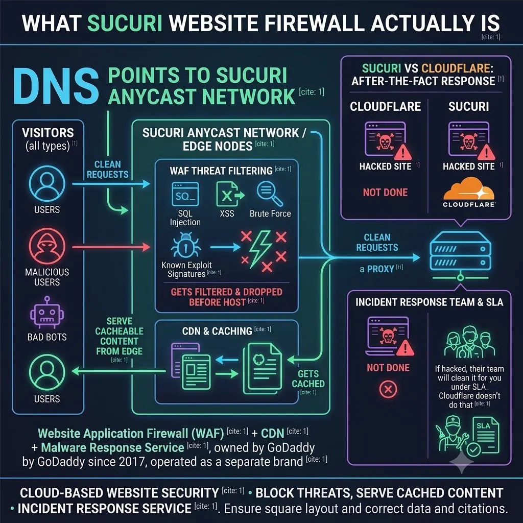 What Sucuri Website Firewall actually is: DNS points to Sucuri's anycast network; visitor requests (clean users, malicious users, bad bots) hit Sucuri edge nodes first, get WAF-filtered (SQL injection, XSS, brute force, known-exploit signatures blocked before host), with cacheable content served from edge; clean requests proxy through to the origin. Plus Sucuri vs Cloudflare on after-the-fact response: Sucuri includes incident response team + cleanup SLA, Cloudflare doesn't